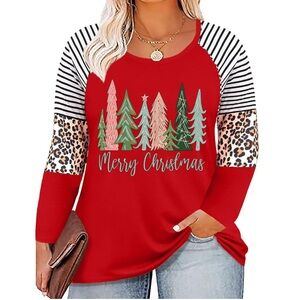 NWOT Festive Red Christmas Tree Women's Top With Leopard Print